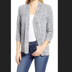 Bobeau Grey & Denim Floral Hacci Open Cardigan Size Small